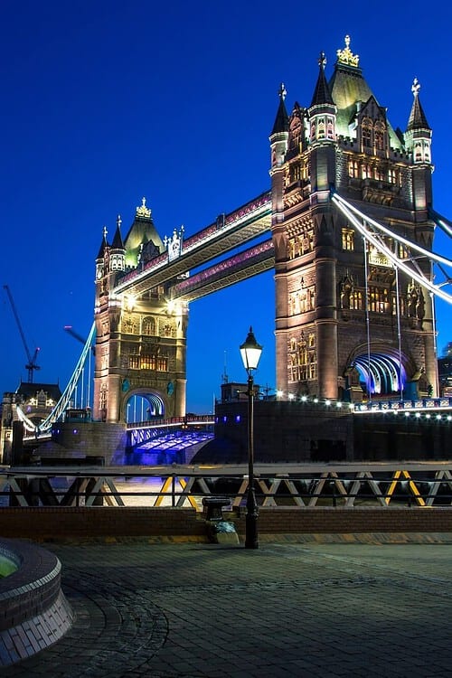 Tower Bridge illuminated at night, London.