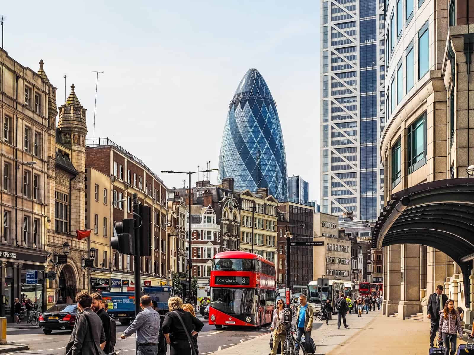 City of London with Gherkin and double-decker bus.