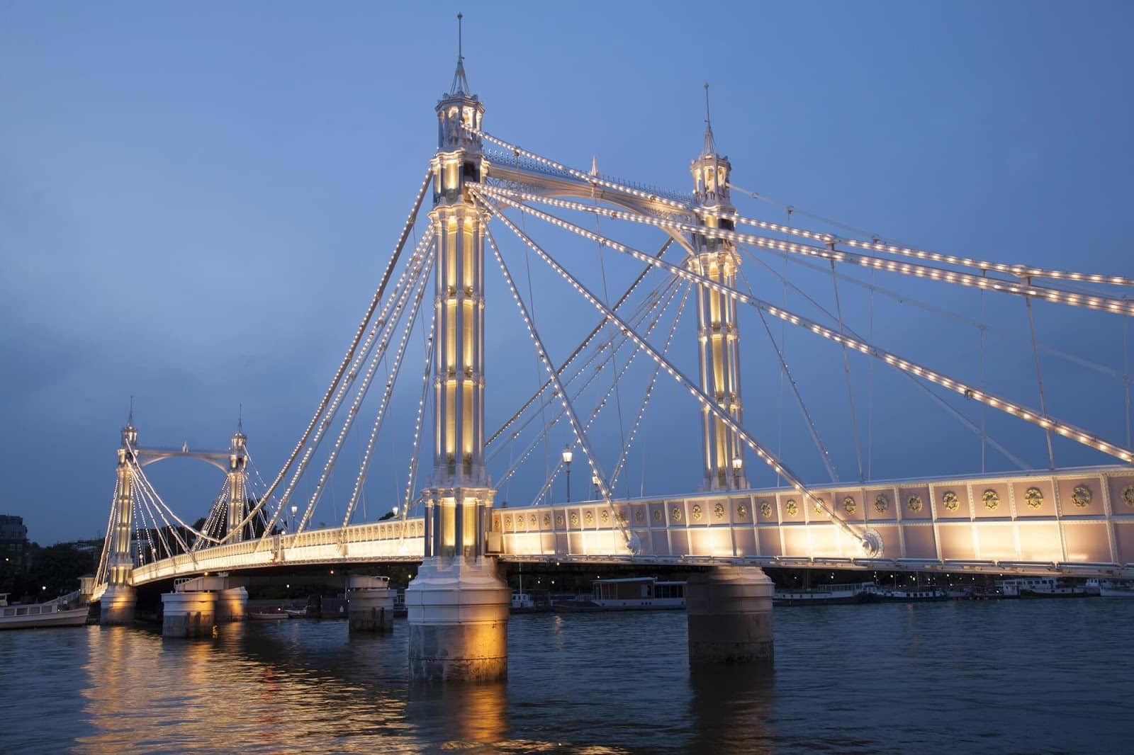 Albert Bridge illuminated at night over Thames River.