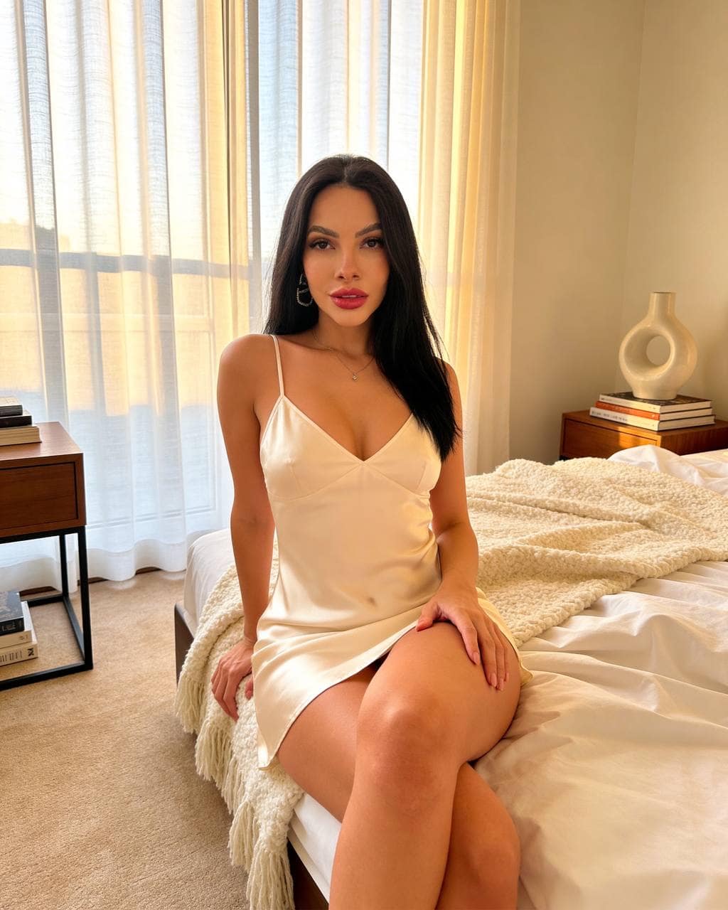 delmar Woman in a champagne satin slip dress sitting on a bed.